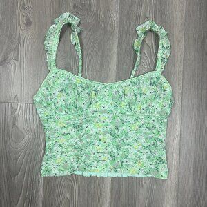 ASTR The Label Green Floral Ruched Ruffle Crop Top Small